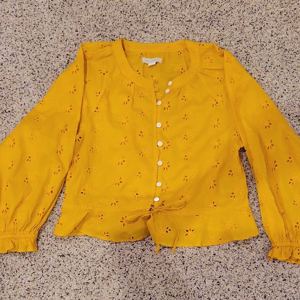 Outerknown Flower Floral Embroidered Blouse Boho Long Sleeve Yellow Xsmall